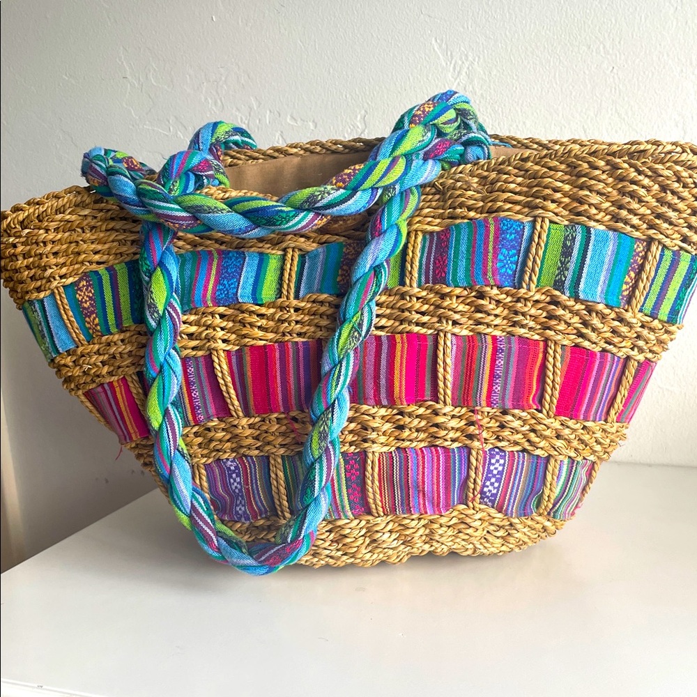 Capelli Strawworld Woven Fabric  Basket Tote Zip Closure